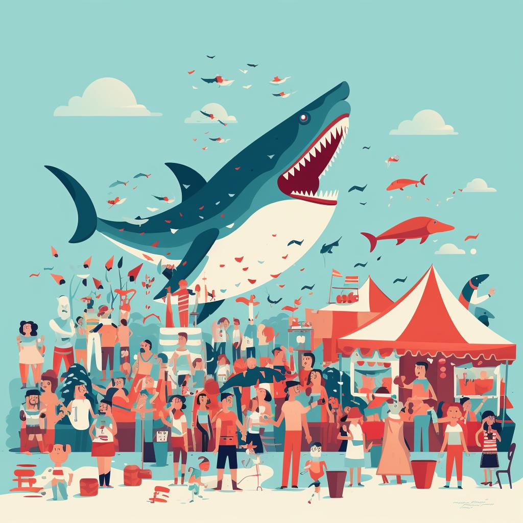 A crowd of people at a shark-themed festival